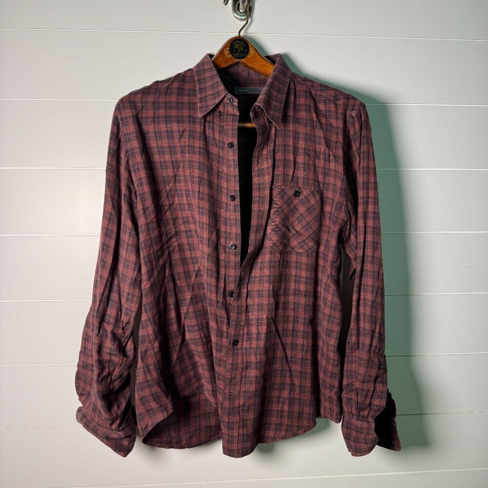 Vince Size Large 100% Cotton Button Down Shirt Copper & Brown Plaid